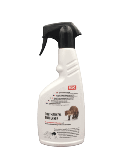 Eine weiße Sprühflasche mit schwarzem Sprühkopf und dem roten K&K-Logo. Das Produkt ist ein Duftmarkenentferner zur Neutralisierung von Reviermarkierungen, mit einer Abbildung eines Marders und Anwendungshinweisen auf der Vorderseite.